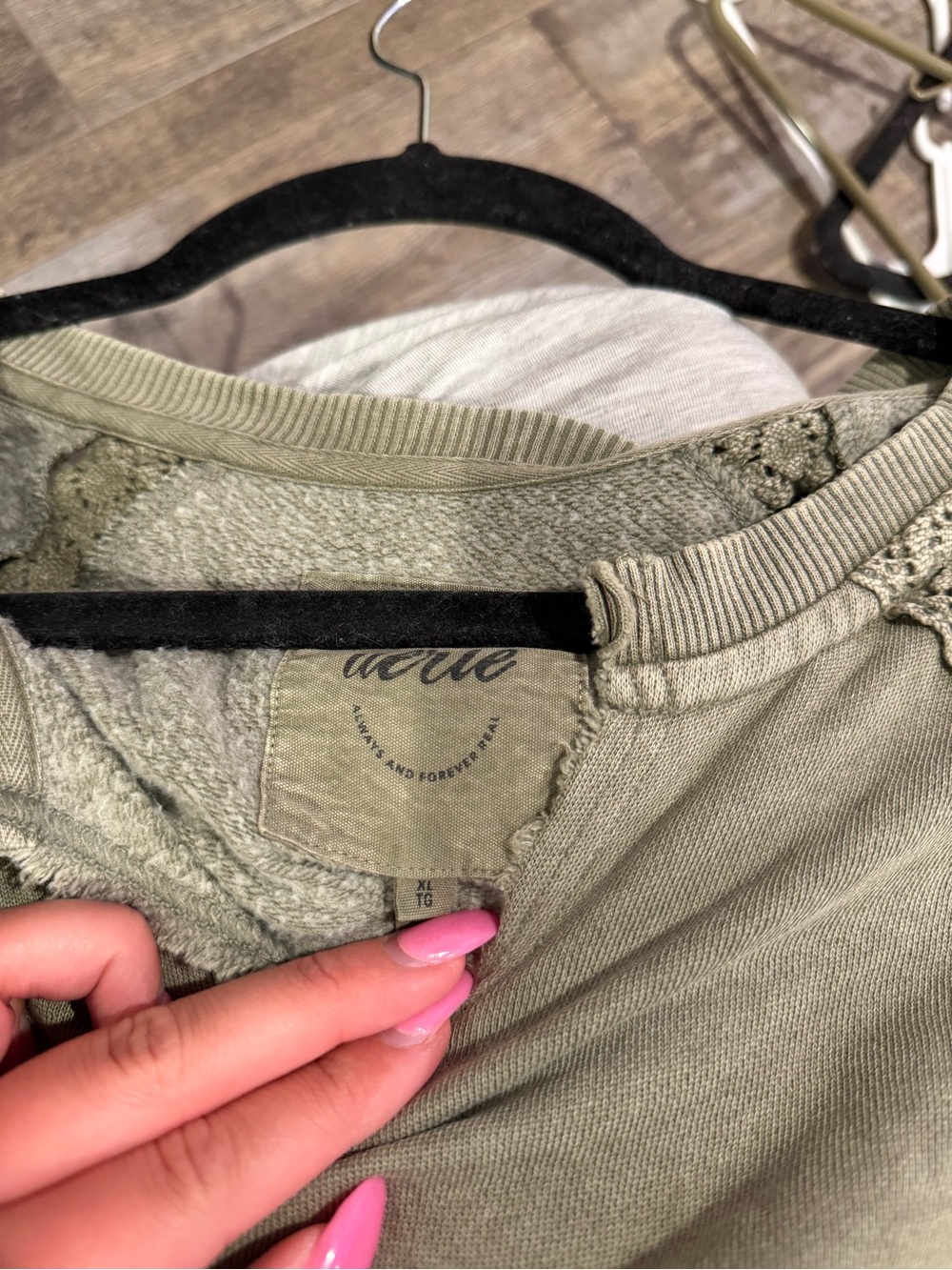 aerie Olive Green Lace-Trim Pullover Sweatshirt - Picture 3 of 3